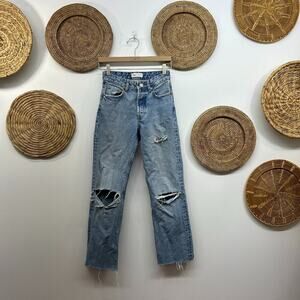 Zara Button Fly Distressed Raw Edge Straight Leg Denim Jeans 0